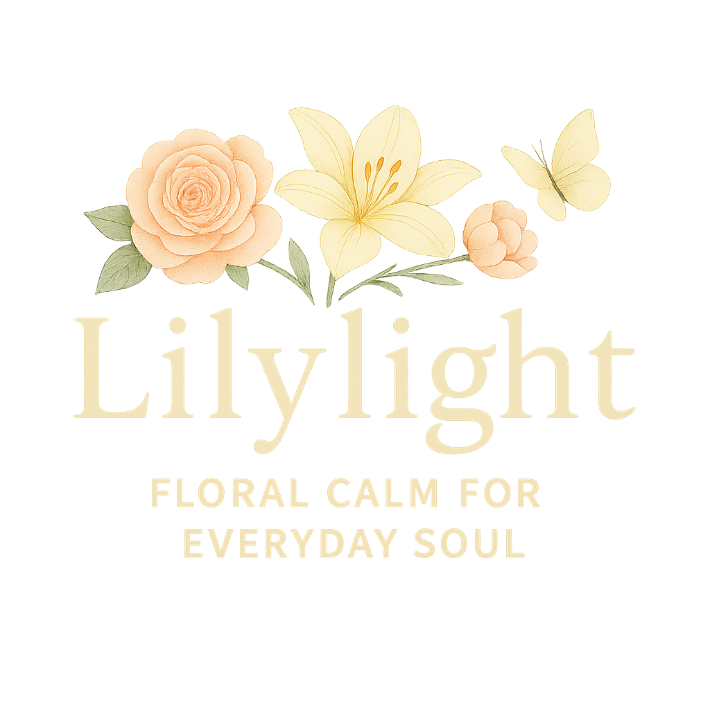Lilylight logo featuring soft pastel flowers and a butterfly, with the tagline "Floral calm for everyday soul"