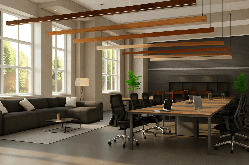 A modern open office space with natural light, clean lines, and a professional atmosphere.
