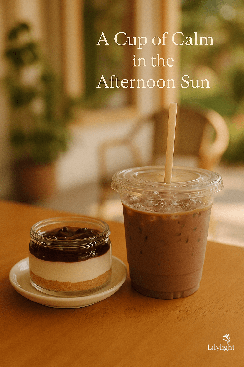 iced chocolate and cheesecake on wooden table with Lilylight logo