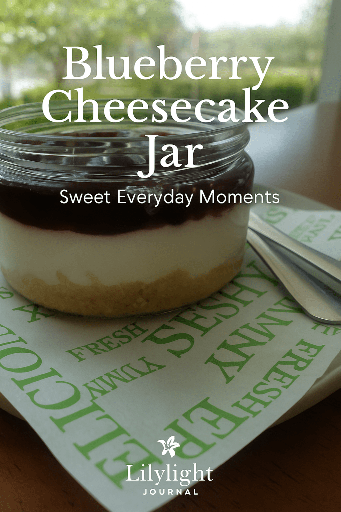  Blueberry cheesecake jar dessert on a wooden table, topped with blueberry sauce, captured in natural light.