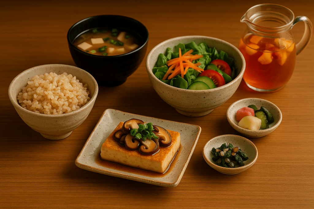 A Japanese plant-based set meal with brown rice, miso soup, tofu steak topped with mushrooms, fresh salad, pickles, and fruit herbal tea served on a wooden tray.