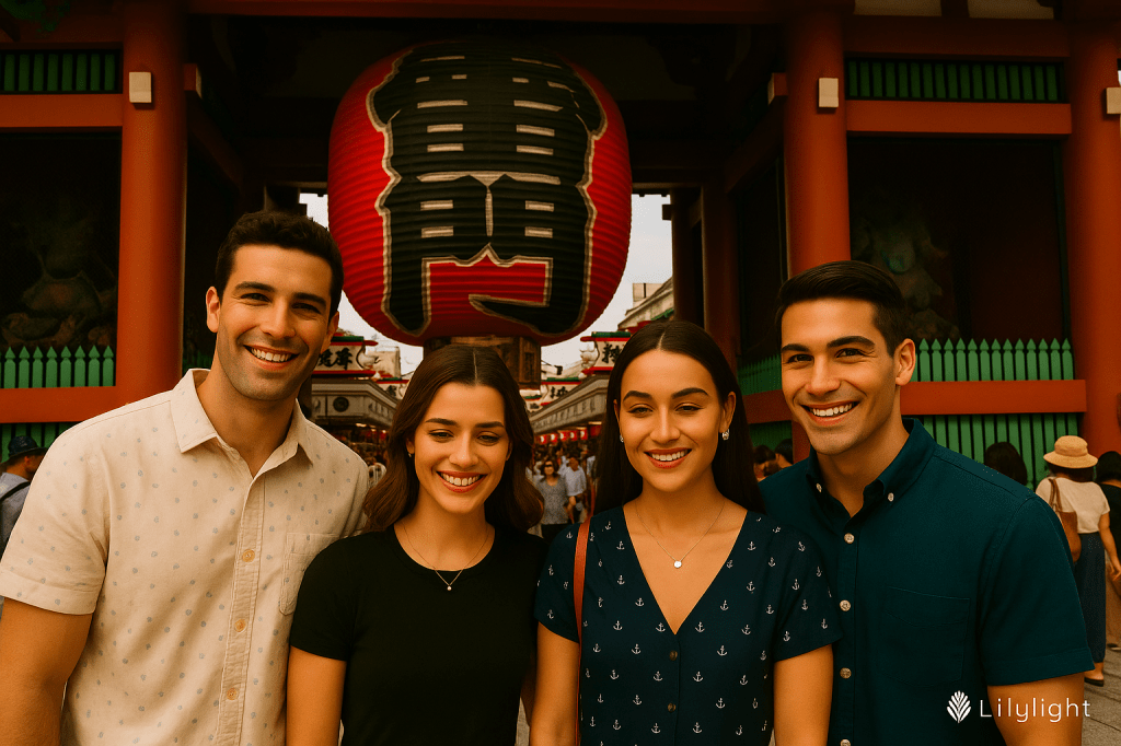 "Four young tourists standing together at Kaminarimon Gate of Sensō-ji Temple in Tokyo, with the iconic red lantern above them and lively Nakamise Street in the background