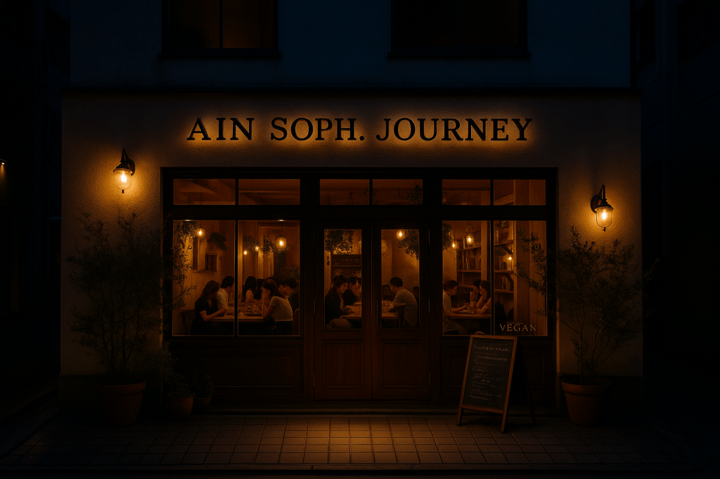 Exterior of Ain Soph. Journey vegan restaurant in Tokyo glowing warmly at dusk with diners inside.