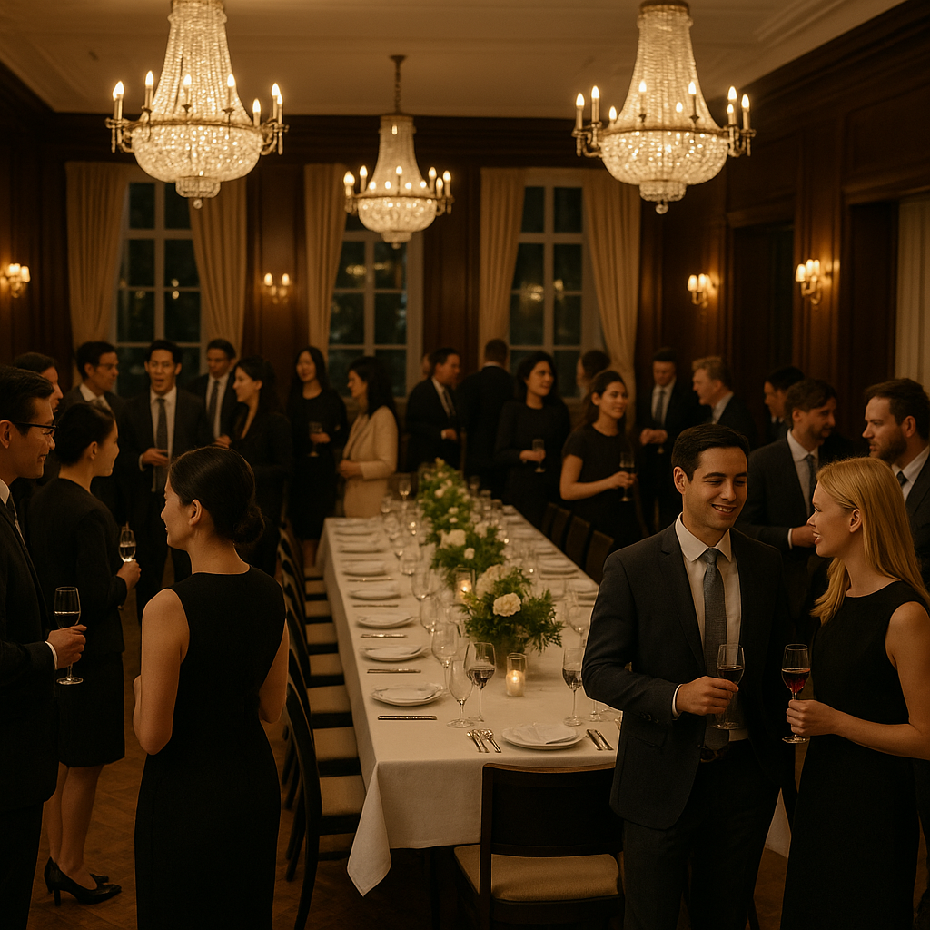 A warm evening company banquet in Singapore with chandeliers, long decorated tables, and guests in formal attire mingling and talking.
