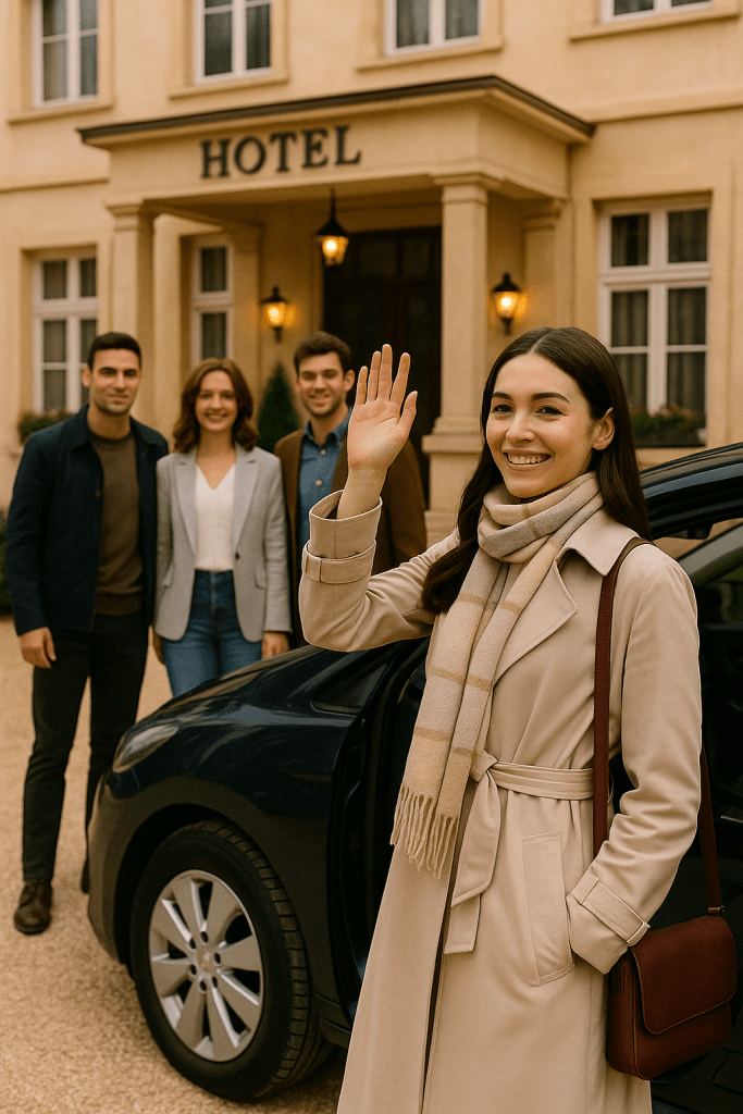 Four friends gather in front of a hotel in Fujiyoshida, sharing an emotional farewell as Natacha prepares to leave for Tokyo, with Mount Fuji faintly visible in the distance.