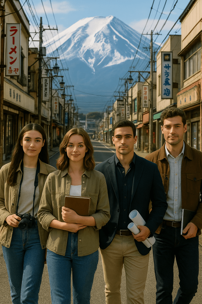 Four friends exploring Fujiyoshida city on a casual day tour, walking past local shops with Mount Fuji in the distance.