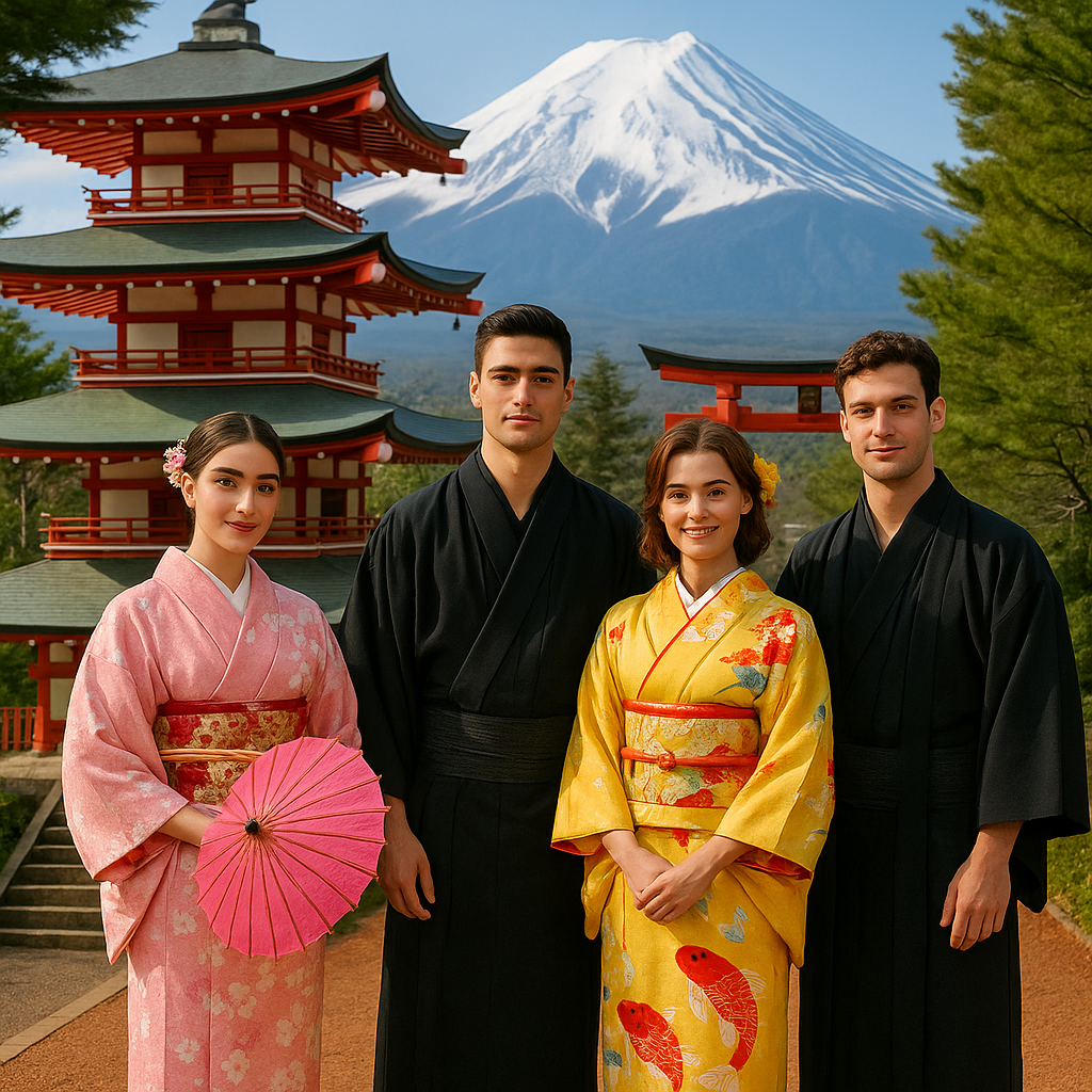 Four friends in traditional kimonos at Arakura Sengen Shrine with Mount Fuji in the background
