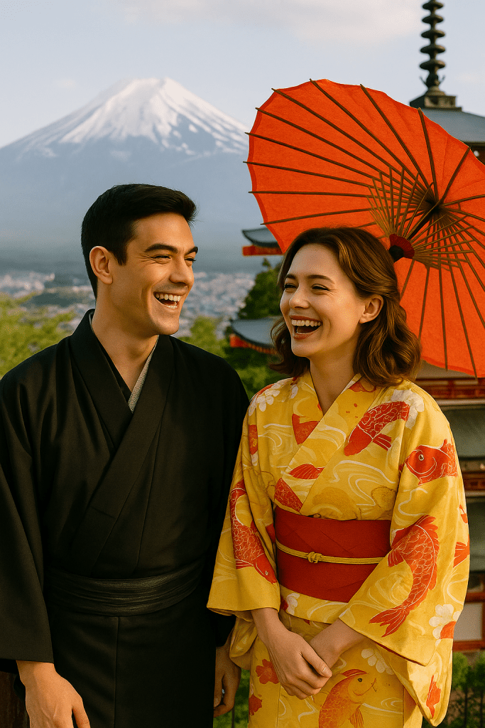 Daisy and Venice in traditional kimonos laughing together at Arakura Sengen Shrine with Mount Fuji behind them.