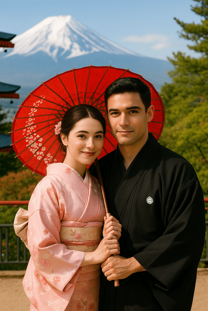 Patrick and Natacha in traditional kimonos at Arakura Sengen Shrine, standing together with a red umbrella and Mount Fuji in the background.
