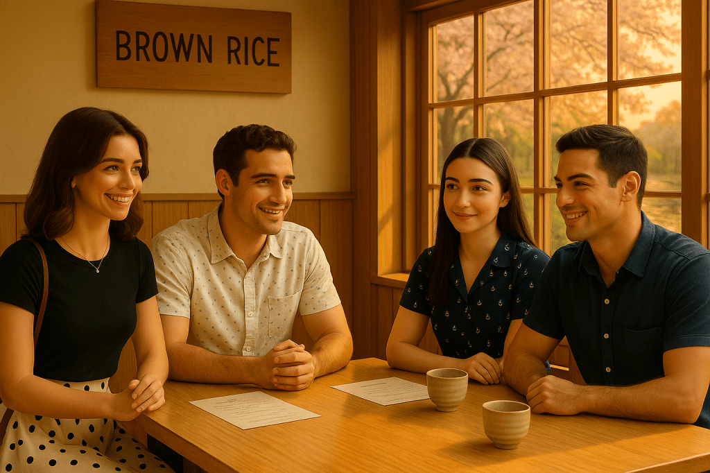 Four friends sit together at a wooden table inside Brown Rice restaurant, smiling warmly in natural light with cherry blossoms visible through the window.