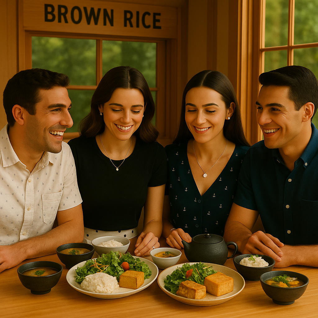 A wide-angle photo of four friends at a wooden table inside Brown Rice café, enjoying a complete plant-based and vegan set meal. Natacha wears heart-shaped jewelry gifted by Patrick, symbolizing love and destiny.