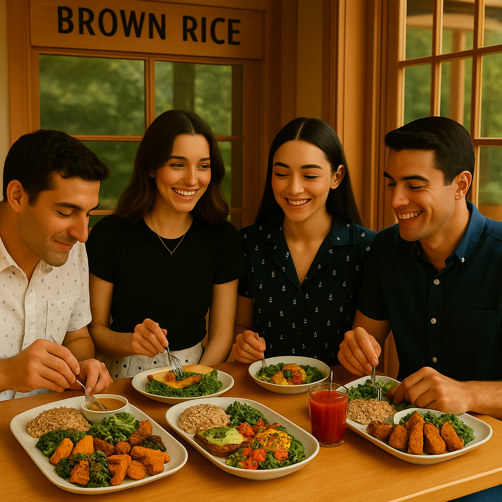A wide-angle photo of four friends at a wooden table inside Brown Rice café, enjoying a complete plant-based and vegan set meal. Natacha wears heart-shaped jewelry gifted by Patrick, symbolizing love and destiny.