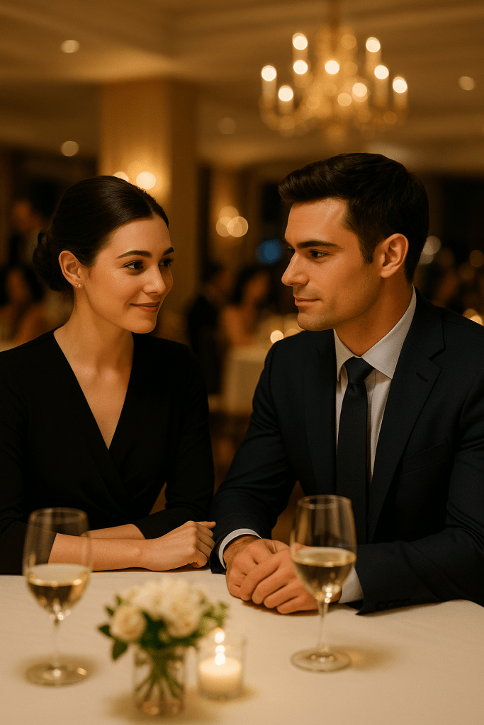 Natasha and Patrick sharing an intimate conversation at a candlelit company banquet, their expressions warm and attentive as if the moment belongs only to them.