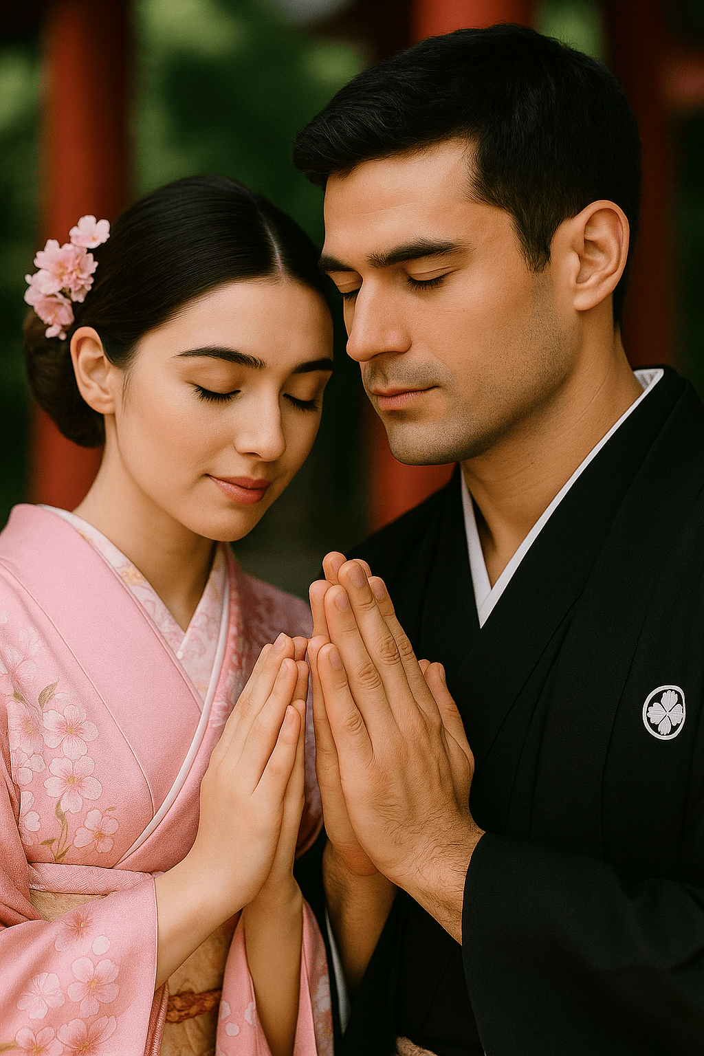 Close-up portrait of a young couple in traditional Japanese kimono, Natacha in pink sakura-pattern kimono and Patrick in black kimono, standing together at a shrine in Fujiyoshida, appearing serene as if in a wedding ritual.