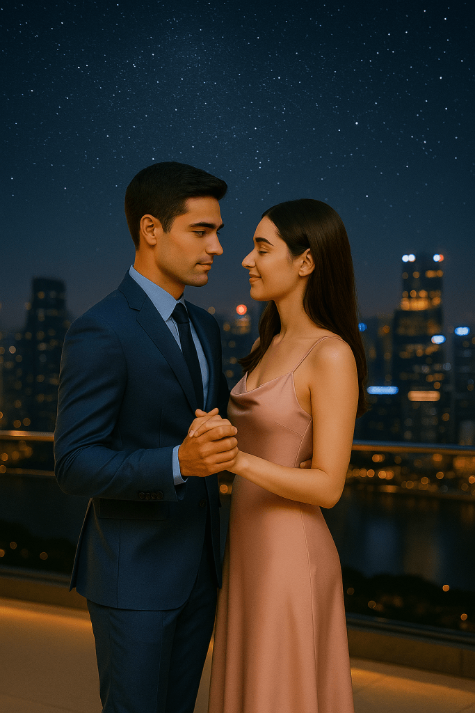 A young couple dances under the starry night sky on a rooftop with Singapore’s city skyline glowing in the background, capturing a romantic and intimate moment