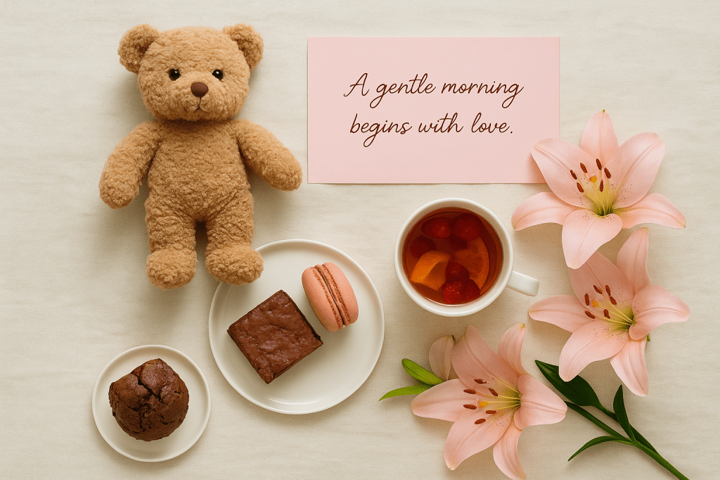 Flat lay arrangement with a teddy bear, brownie cake, muffins, macarons, a cup of fruit tea, pink card with quote, and lily flowers on a soft background.