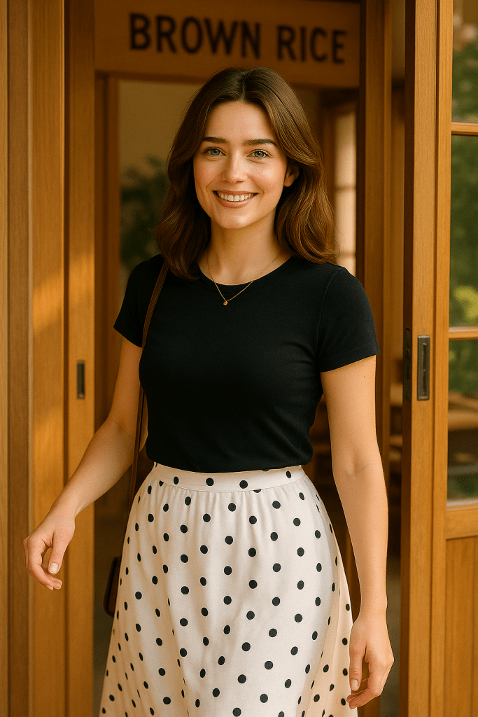 A young woman with chestnut hair and green eyes enters Brown Rice café, smiling brightly in a chic outfit—a black top paired with a white polka-dotted skirt—captured in warm natural light.

