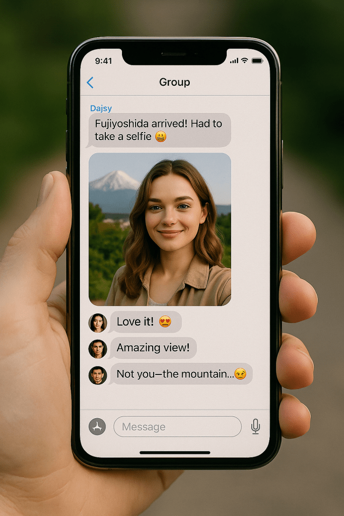 A smartphone screen showing a group chat where Daisy shares her Mount Fuji selfie from the hotel balcony. Friends reply with laughing emojis and stickers, while Venice jokes that the mountain is more beautiful than Daisy.