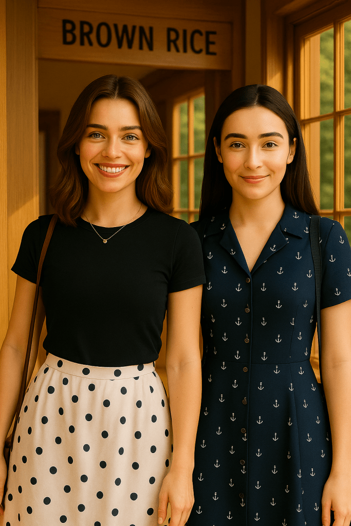 "Daisy in a chic black top with a white polka-dot skirt and Natasha in a navy anchor-pattern dress walking into Brown Rice restaurant together, smiling warmly in the morning light."