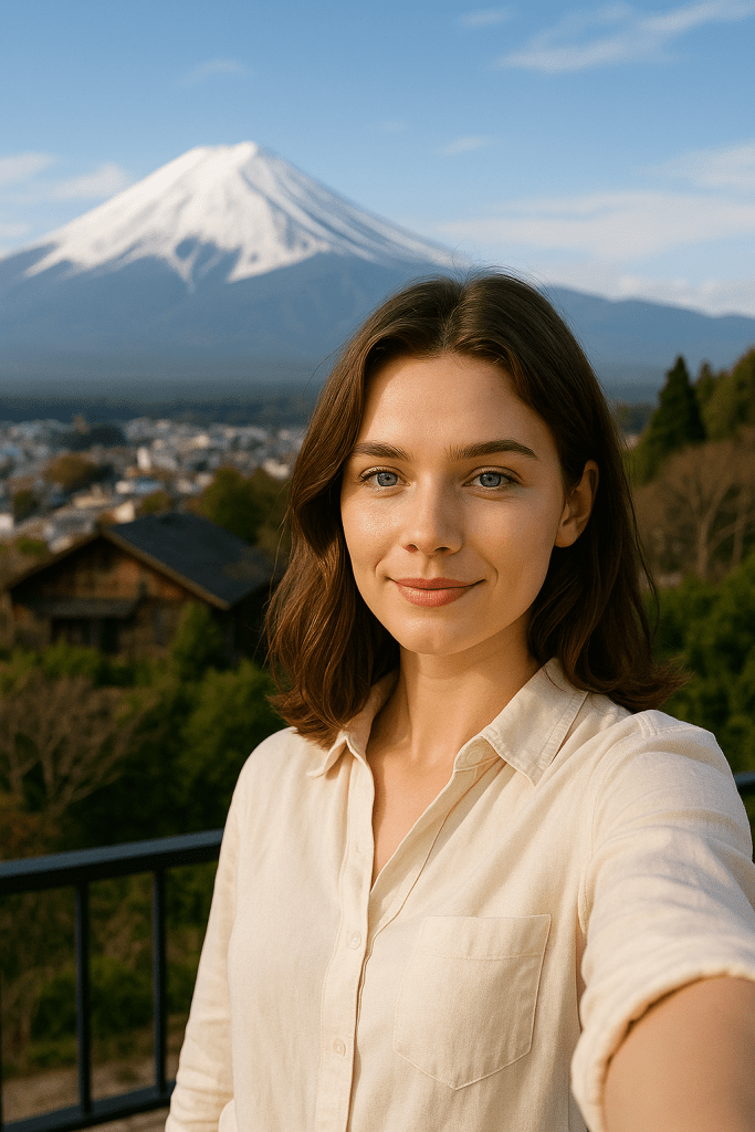 Daisy takes a natural selfie on her hotel balcony in Fujiyoshida, with the iconic Mount Fuji glowing in the evening light behind her.