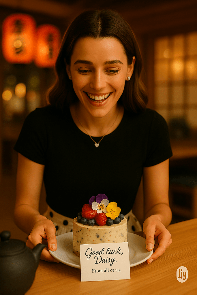 A young woman with long, wavy brown hair smiles warmly while receiving a beautifully plated vegan dessert in a cozy restaurant setting.