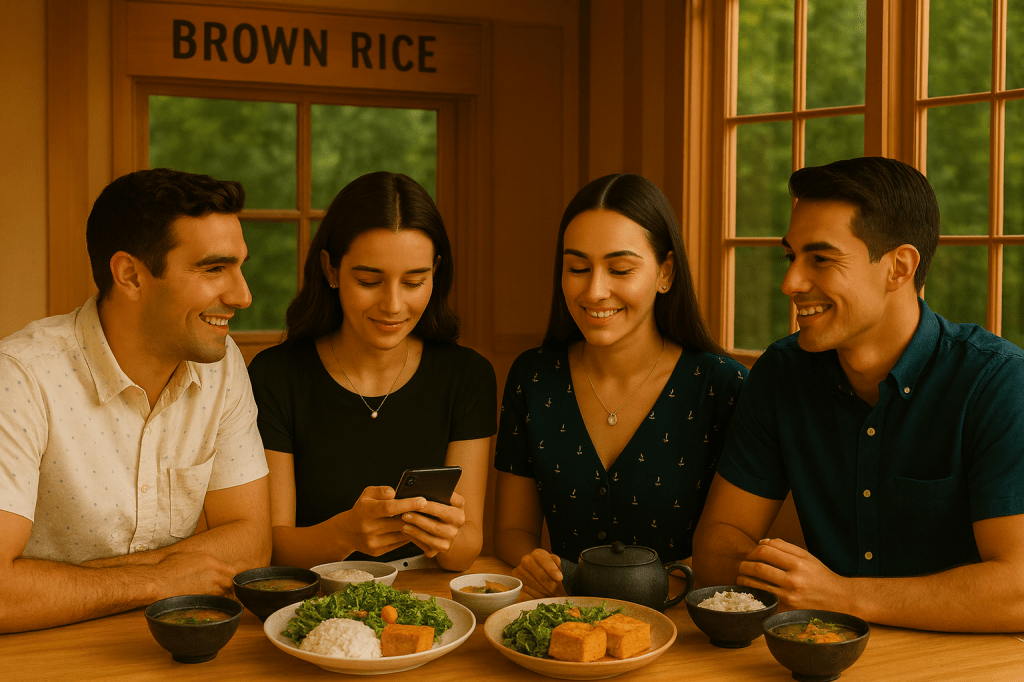 A wide-angle photo of Daisy looking at her phone while sitting with three friends at a wooden table in the Brown Rice restaurant. Everyone is gathered around healthy Japanese-style plant-based meals, smiling and sharing the moment.