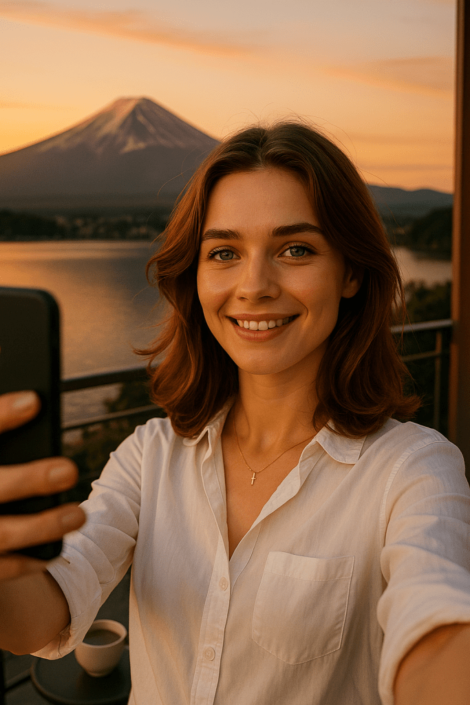 Daisy taking a natural selfie on the balcony of Fufu Kawaguchiko hotel with Mount Fuji view at sunset