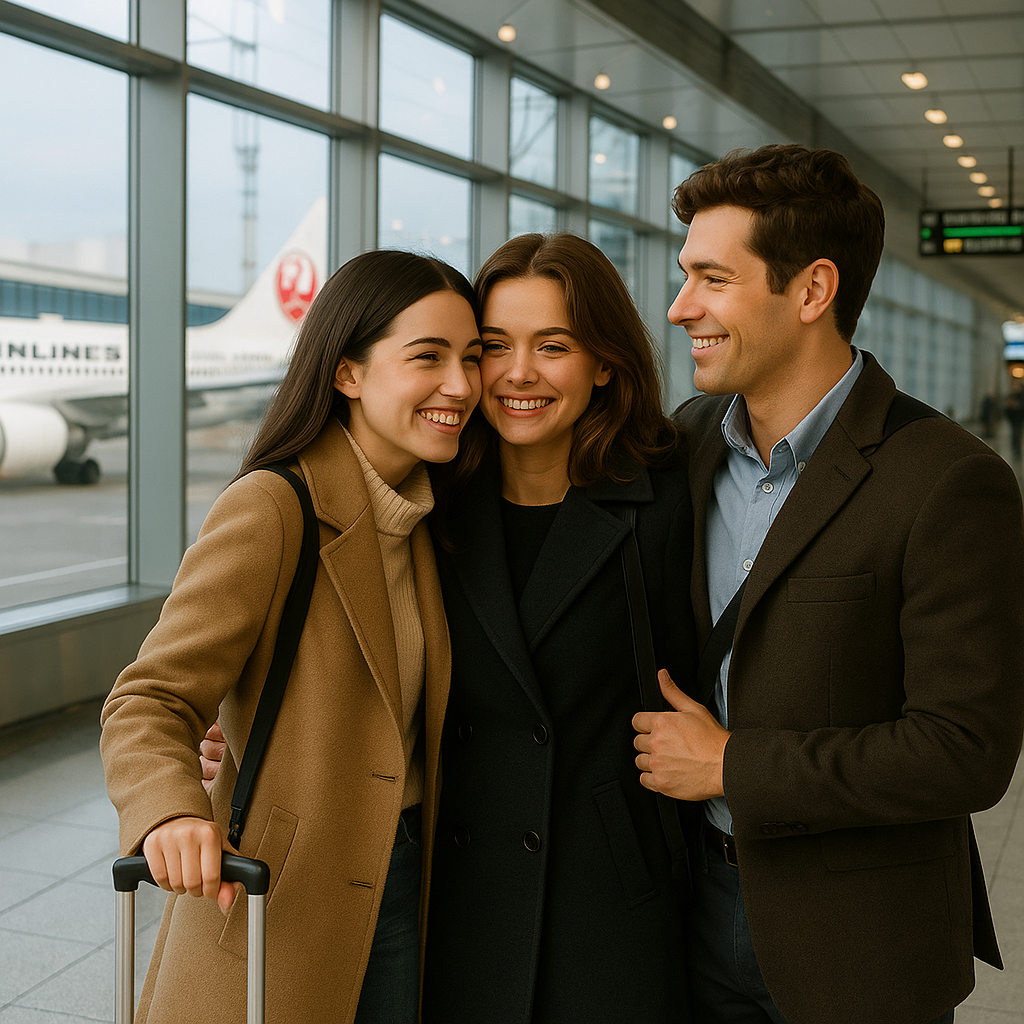 Natacha arrives at Haneda Airport in a beige coat with suitcase, greeted warmly by Daisy the architect and Venice the engineer under Tokyo’s evening lights.