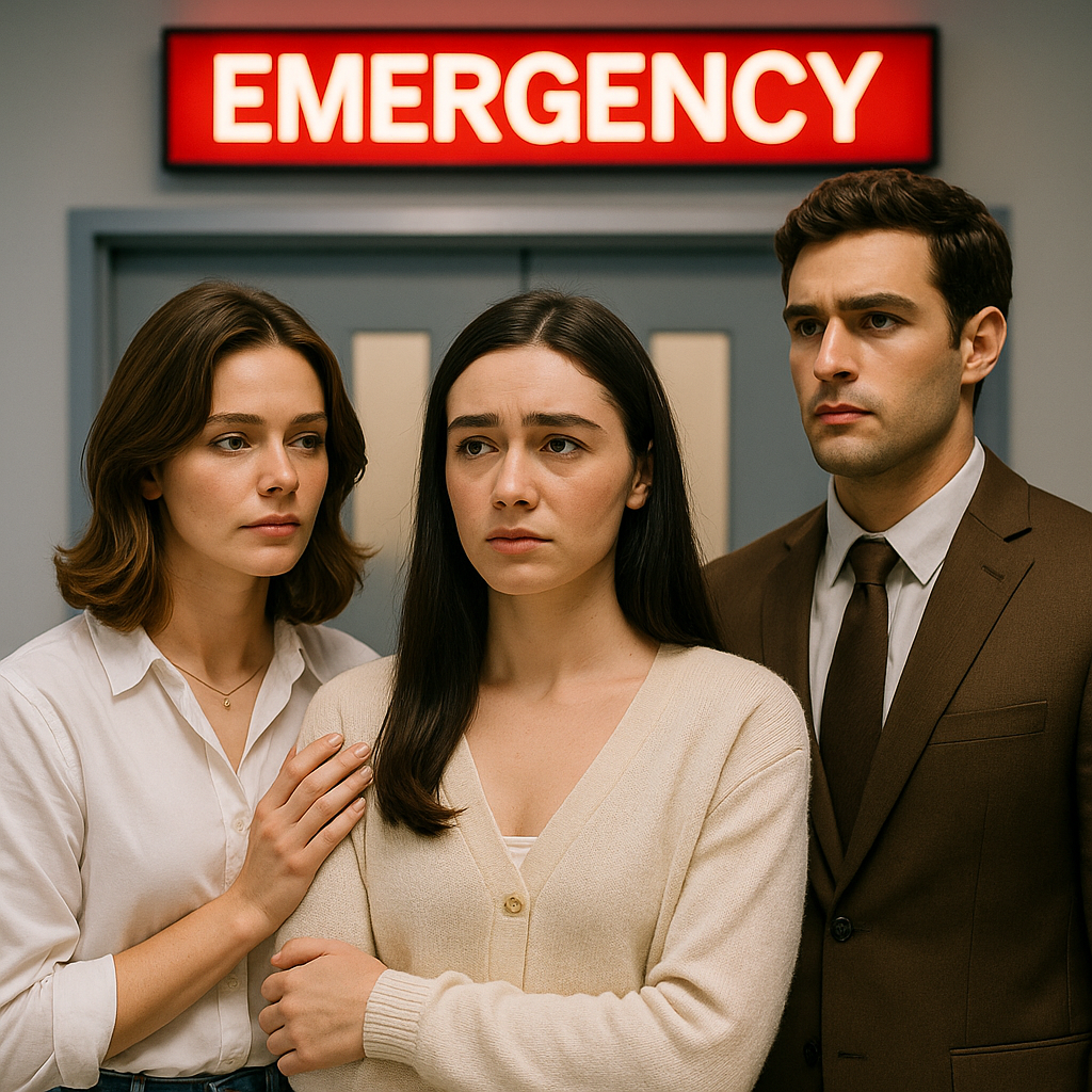 Natacha in a cream cardigan looks distressed outside the ER, comforted by Daisy with a hand on her shoulder, while Venice in a brown suit stands close by with a serious expression under the glowing EMERGENCY sign.