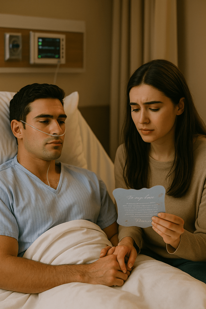 Patrick in a hospital gown with oxygen tube rests on his bed while Natacha, in a simple blouse, sits beside him holding his hand and reading a stained card with emotion.