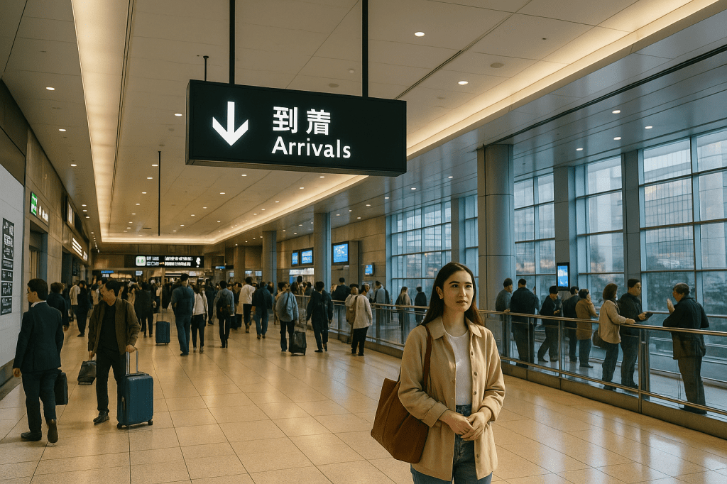 Wide shot of Haneda Airport arrival hall with high ceilings, Japanese and English signage, and travelers moving with luggage, where Natacha waits with anticipation.