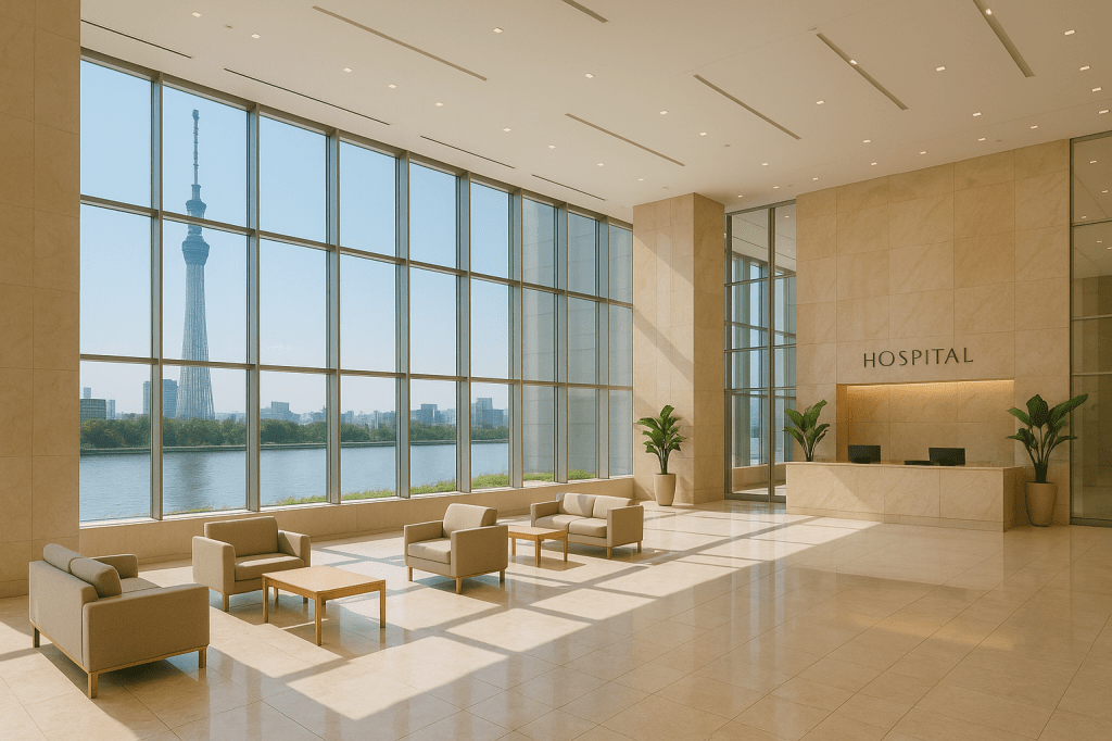 Interior of St. Luke’s International Hospital lobby with marble floors, tall glass windows overlooking the Sumida River and Tokyo Skytree, creating a serene VIP atmosphere without people.
