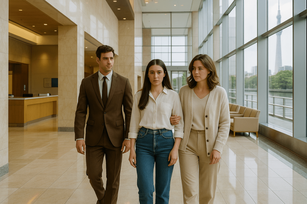 Natacha, Daisy, and Venice walk together through the elegant lobby of St. Luke’s International Hospital in Tokyo, with marble floors, tall glass windows, and Tokyo Skytree visible outside.