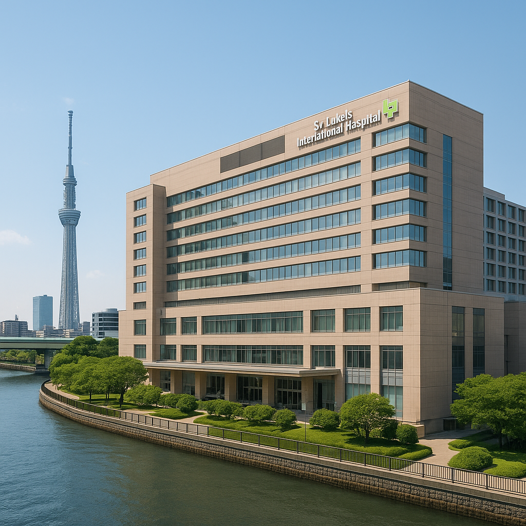 St. Luke’s International Hospital in Tokyo by the Sumida River, with a modern glass building and Tokyo Skytree in the distance under a clear blue sky.