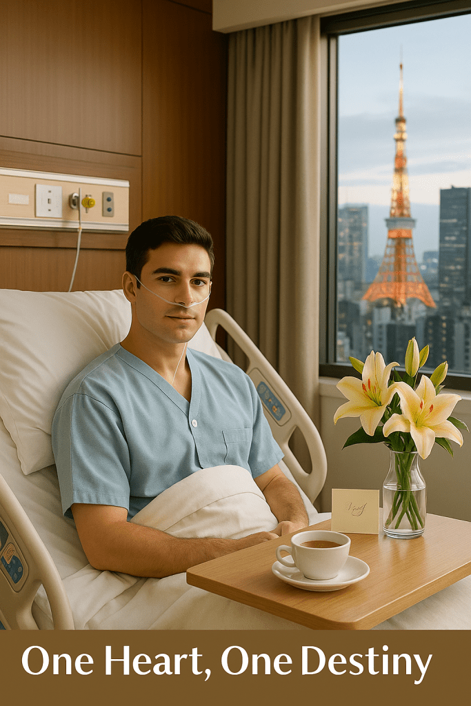 In a Tokyo VIP hospital suite, Patrick lies in a patient gown with a chest bandage, embracing Natacha as they reunite, while Daisy and Venice stand nearby in support.