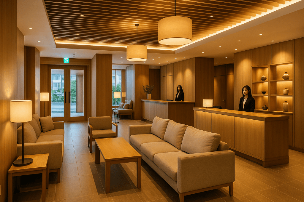 Boutique hotel lobby in Shinjuku with warm wood paneling, soft lighting, minimalist furniture, and a cozy modern Japanese atmosphere.