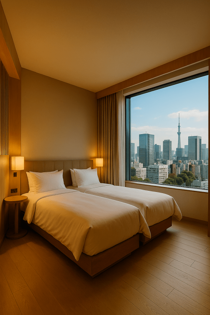 Boutique hotel room in Shinjuku with twin white beds, warm wood accents, and a large window overlooking the Tokyo skyline with Skytree visible.