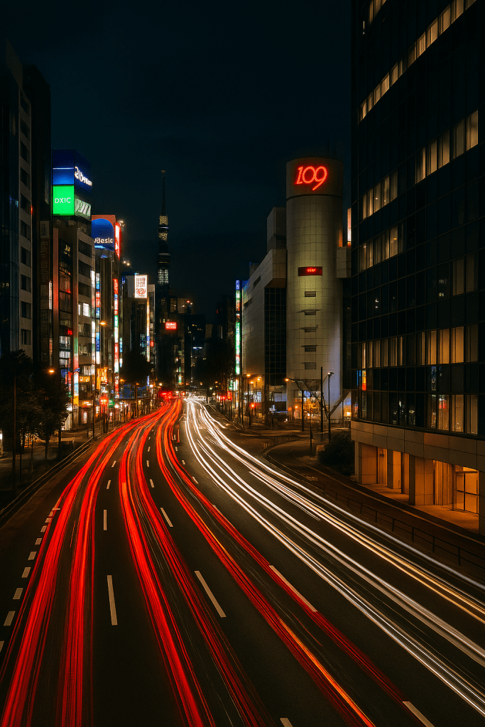Long-exposure night view of Shinjuku in Tokyo with neon lights, skyscrapers, and streaks of red and white car lights rushing through the city streets.