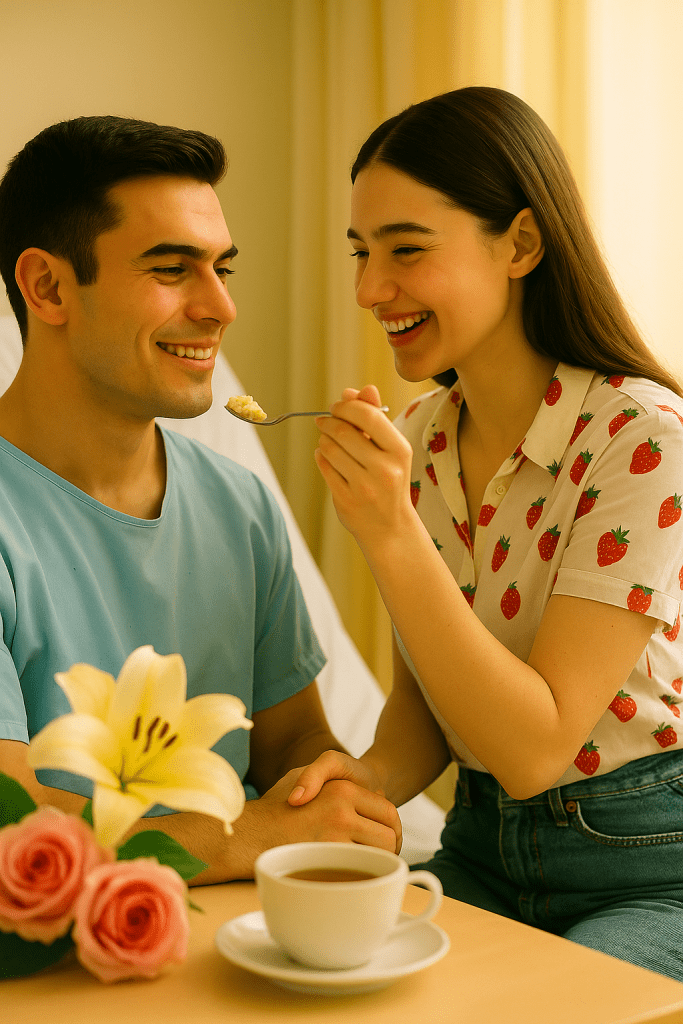 Natasha in a white strawberry-print shirt lovingly feeds Patrick, dressed in hospital clothes, as they share laughter by the window with flowers and tea nearby."}
