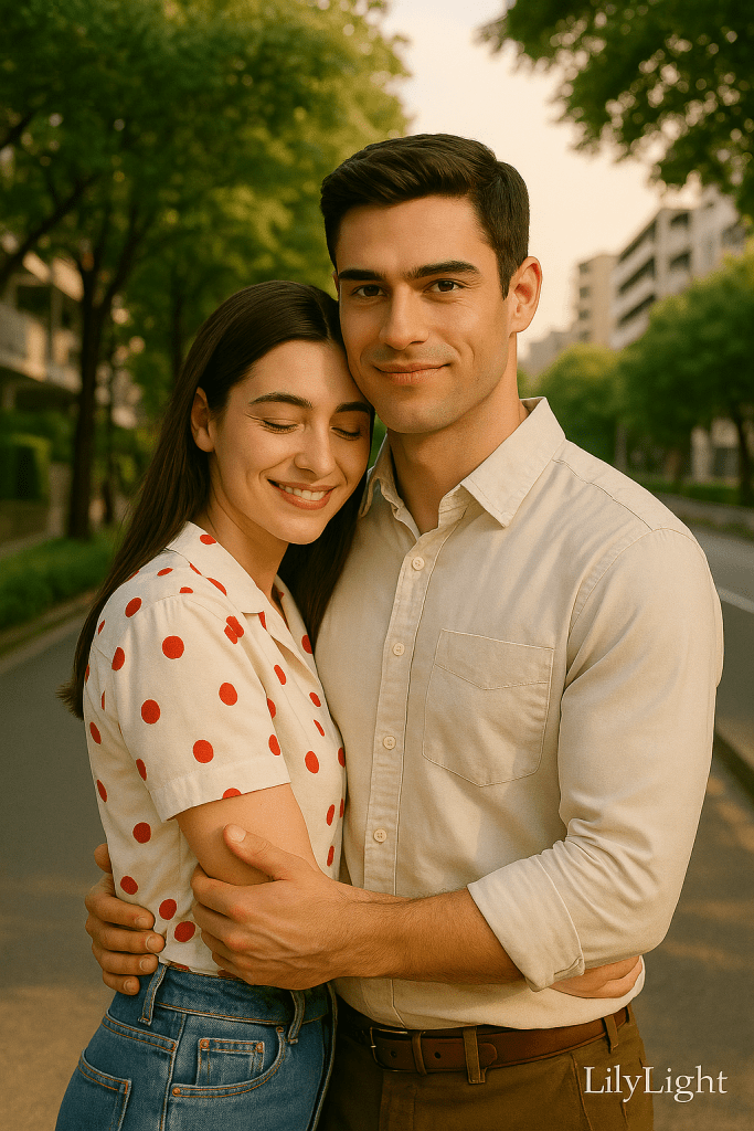 Patrick embraces Natasha in front of their Shirokane residence, capturing a tender memory of love and togetherness.