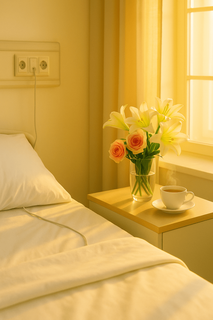 Alt text: Morning sunlight shines into a hospital room, highlighting a bouquet of roses and lilies beside a steaming cup of tea.