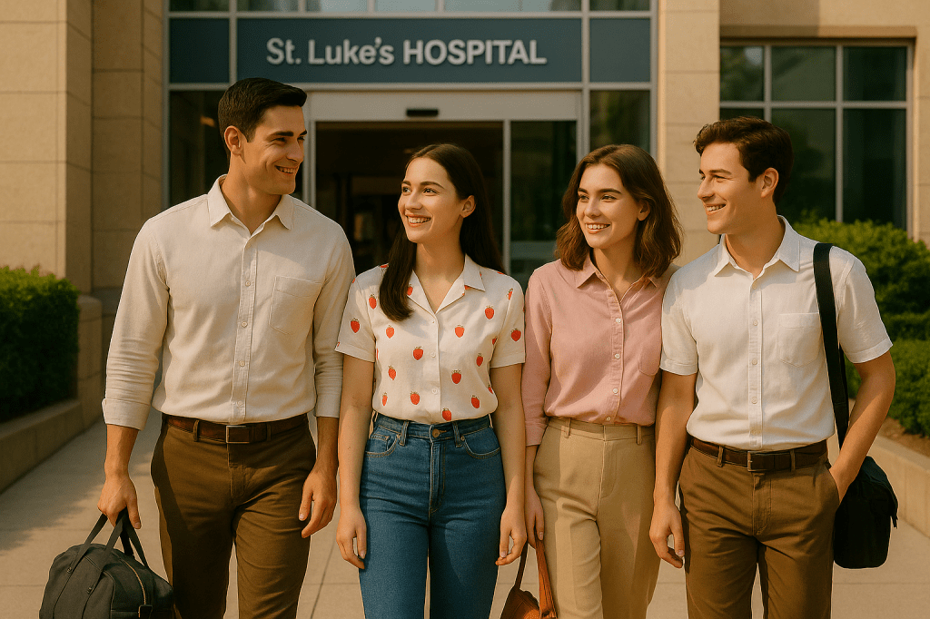 Patrick, now in casual clothes after recovery, walks out of the hospital with Natasha, Daisy, and Venice by his side. They carry small bags, smiling with relief and joy in the morning sunlight.