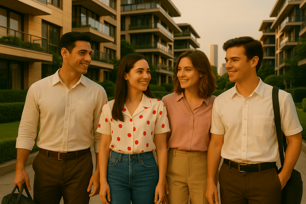 Four friends, Patrick, Natasha, Daisy, and Venice, standing together in front of modern luxury apartments in Shirokane, smiling warmly in the late afternoon light."}