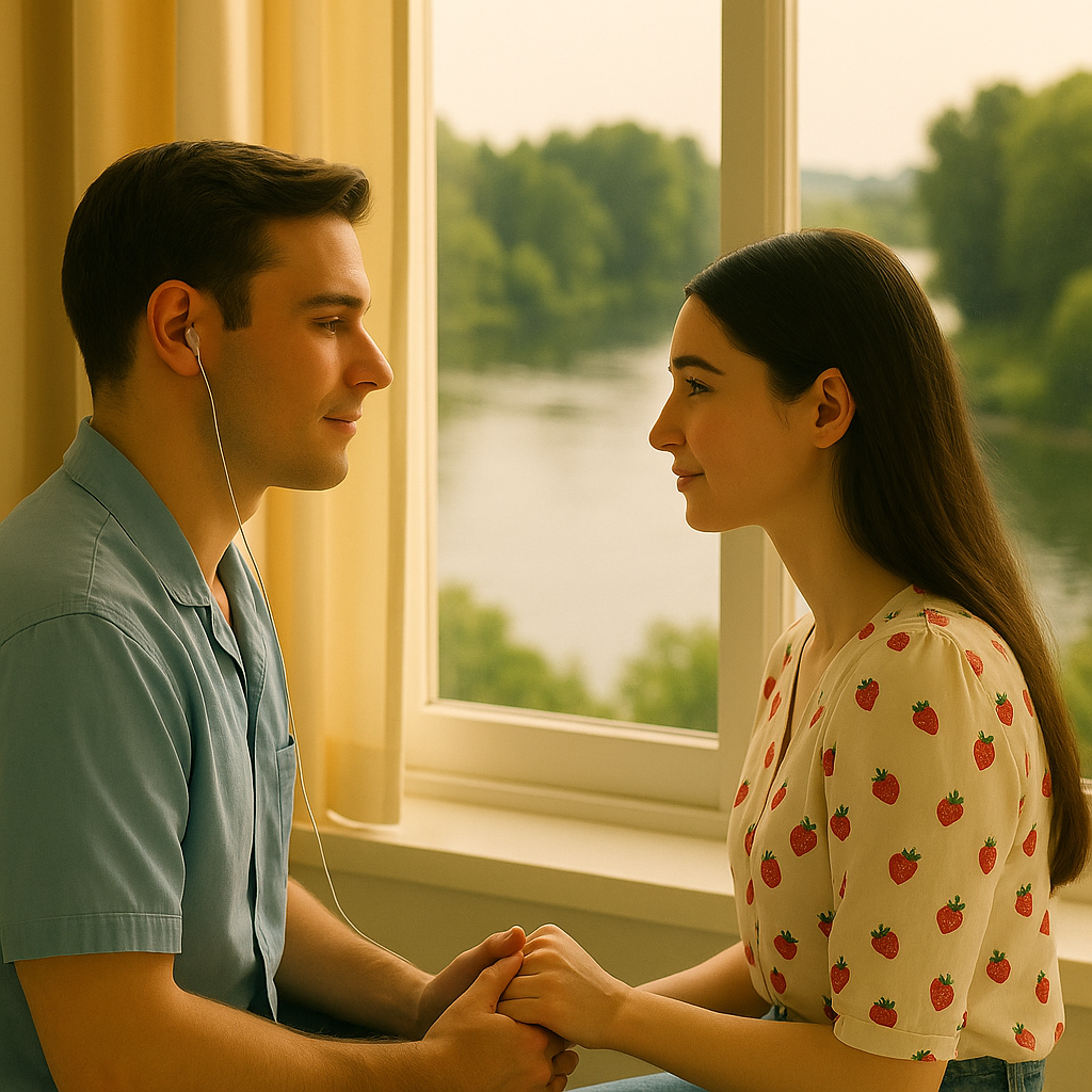 A young couple sits by the window, holding hands, listening to music together while gazing at the serene river outside.