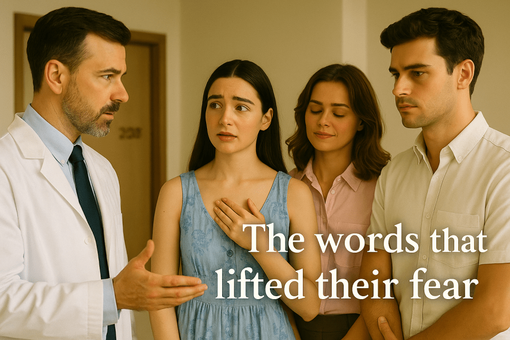 Doctor explains Patrick’s lung condition to Natasha, Daisy, and Venice, giving them hope and reassurance in the hospital consultation room.