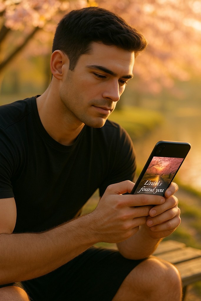 Close-up of a man looking at his phone with cherry blossom wallpaper on screen.