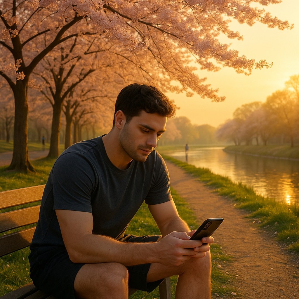 A man sits on a riverside bench, holding his phone under cherry blossoms.

caption: Patrick pauses to check his phone, bathed in golden morning light.
