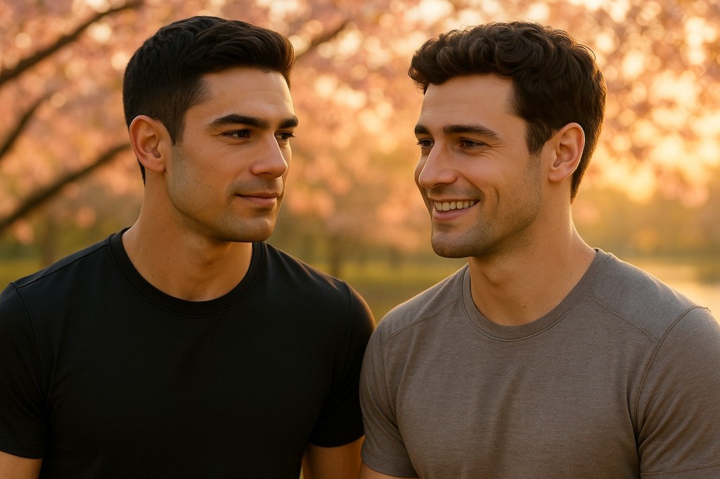 Two friends share a smile during a morning jog under cherry blossoms.