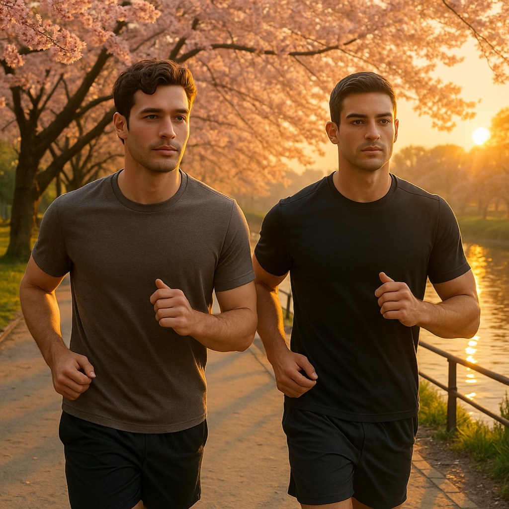 Two men jogging under cherry blossoms at Shirokane Park in the morning sun.