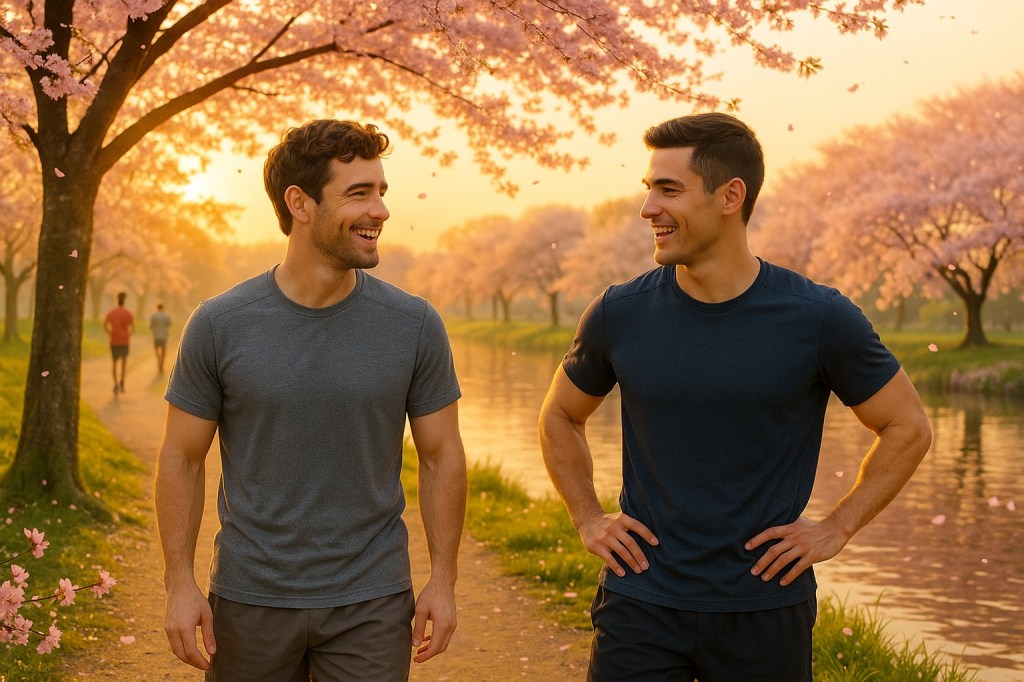 Two men walking by a riverside path lined with cherry blossoms.
